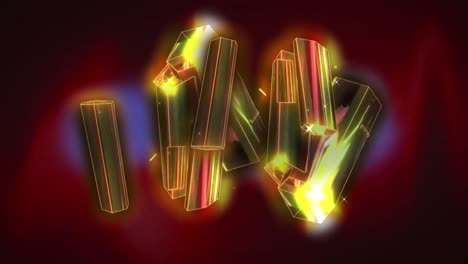 Animation-of-cluster-of-glowing-gold-metallic-rods-floating-on-dark-red-background