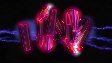 Animation-of-glowing-pink-metallic-rods-floating-over-purple-electric-currents-on-black-background