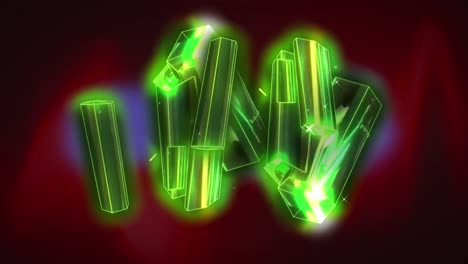 Animation-of-glowing-green-metallic-rods-floating-on-dark-red-background