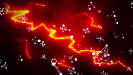 Animation-of-glowing-red-electric-currents-over-white-molecular-structures-on-black-background