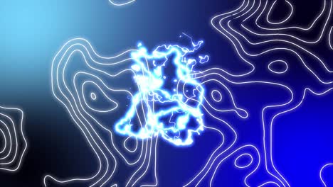 Animation-of-white-contour-lines-over-blue-electric-currents-on-blue-background