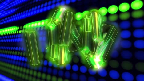 Animation-of-glowing-green-metallic-rods-over-green-and-blue-lights-of-server-processing-data