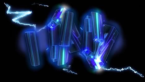 Animation-of-glowing-blue-metallic-rods-floating-over-white-electric-currents-on-black-background