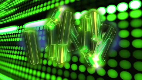 Animation-of-glowing-green-metallic-rods-over-green-lights-of-server-processing-data