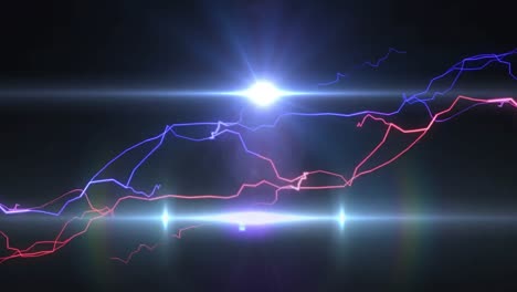 Animation-of-red-particles-and-moving-lights-with-glowing-blue-and-red-electric-currents-on-black