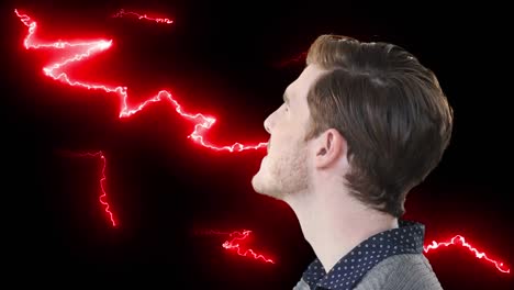 Animation-of-inquisitive,-puzzled-man-over-red-electric-currents-on-black-background