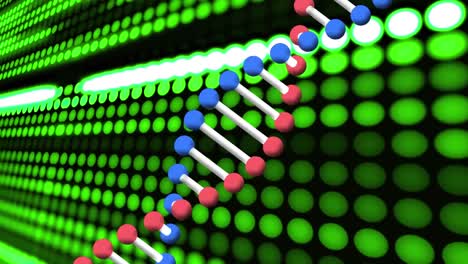 Animation-of-dna-strand-rotating-over-glowing-green-lights-of-server-processing-data