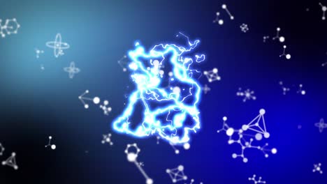 Animation-of-glowing-blue-electric-current-over-white-molecular-structures-on-blue-background