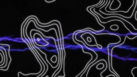 Animation-of-white-contour-lines-over-glowing-purple-electric-currents-on-black-background