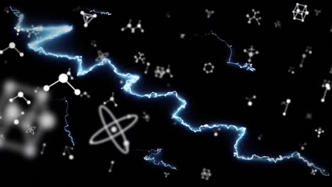 Animation-of-glowing-blue-electric-currents-over-white-connections-on-black-background
