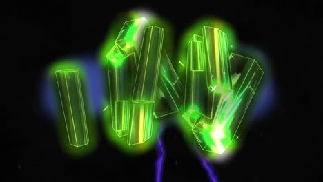 Animation-of-glowing-purple-electric-currents-with-green-metallic-rods-floating-on-black-background