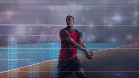 Animation-of-graphs-and-data-processing-with-male-volleyball-player-in-action-at-sports-stadium