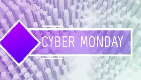 Animation-of-new-cyber-monday-text-in-white-on-purple-banner-over-moving-white-hexagonal-blocks