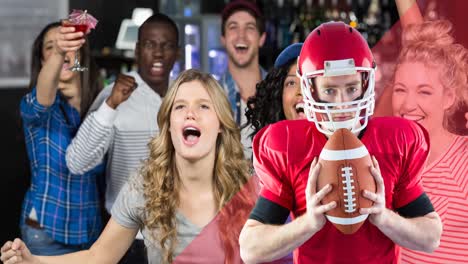 Animation-of-male-american-football-player-over-happy-diverse-sport-fans-watching-game-at-bar