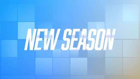 Animation-of-new-season-text-in-white,-with-glitches-on-blue-square
