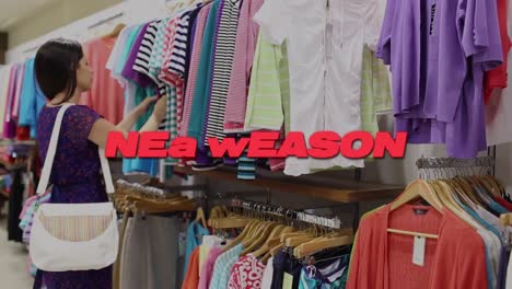 Animation-of-new-season-text-in-red-over-woman-looking-through-clothes-on-rail-in-shop