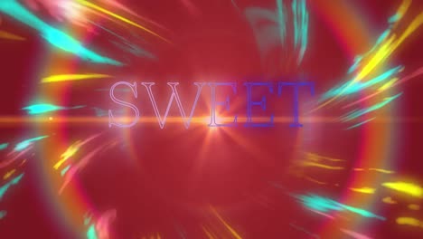 Animation-of-sweet-text-in-blue-and-white-neon-with-swirling-colours-and-rainbow-ring,-on-red