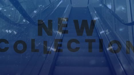 Animation-of-new-collection-text-in-black,-over-moving-escalator,-in-blue,-with-flashing-colours
