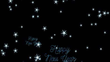 Animation-of-happy-new-year-text-in-blue-with-snowflakes-on-black-background
