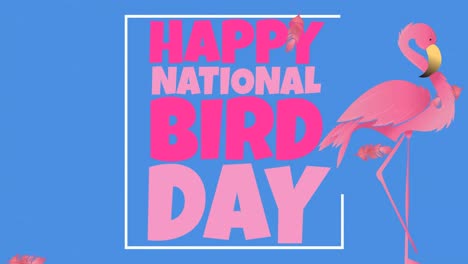 Animation-of-national-bird-day-text-in-pink,-with-flamingo-and-falling-pink-feathers,-on-blue
