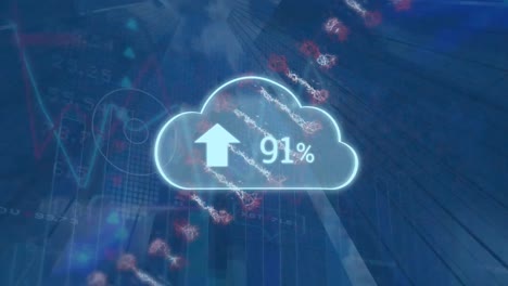 Animation-of-cloud-with-numbers-and-dna-chain-over-graphs-and-data-on-blue-background