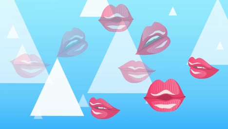 Animation-of-lips-icons-and-white-triangles-on-blue-background