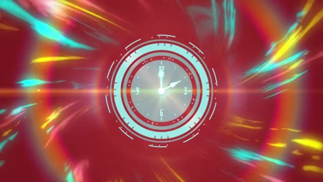 Animation-of-clock-moving-over-light-trails-on-red-background