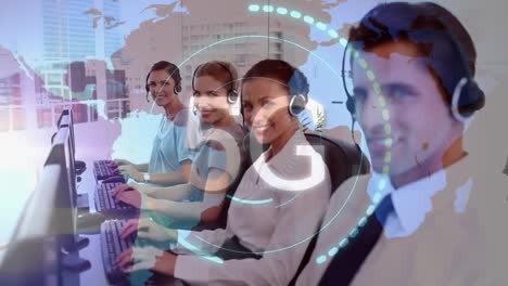 Animation-of-5g-text-over-business-people-using-phone-headsets