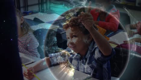 Animation-of-networks-of-connections-and-globe-over-diverse-schoolchildren-in-classroom
