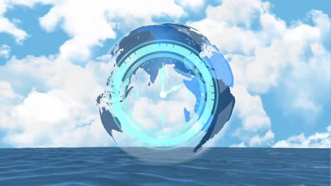 Animation-Einer-Beweglichen-Uhr-Und-Eines-Globus-über-Dem-Himmel-Mit-Wolken-Und-Meer