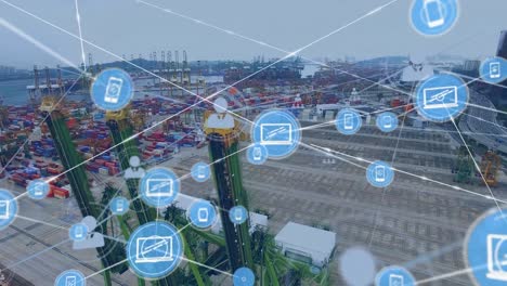 Network-of-digital-icons-against-aerial-view-of-the-port