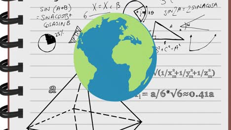 Animation-of-globe-over-mathematical-equations-in-school-notebook