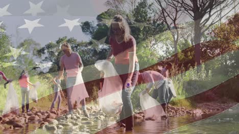 Video-Compuesto-De-Bandera-Estadounidense-Contra-Un-Grupo-De-Voluntarios-Diversos-Limpiando-El-Bosque.