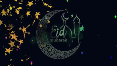 Animation-of-eid-mubarak-logo-and-text-over-falling-stars