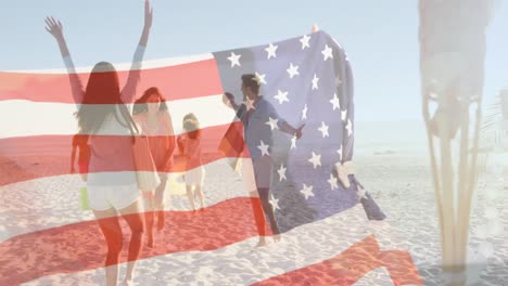 Vídeo-Compuesto-De-Bandera-Americana-Ondeando-Contra-Un-Grupo-De-Amigos-Caucásicos-Disfrutando-En-La-Playa