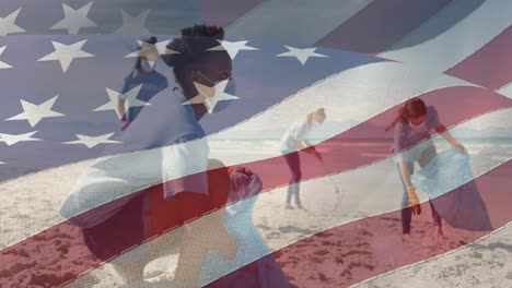 Vídeo-Compuesto-De-La-Bandera-Estadounidense-Contra-Un-Grupo-De-Voluntarias-Diversas-Limpiando-La-Playa