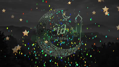 Animation-of-eid-mubarak-logo-and-text-over-falling-stars