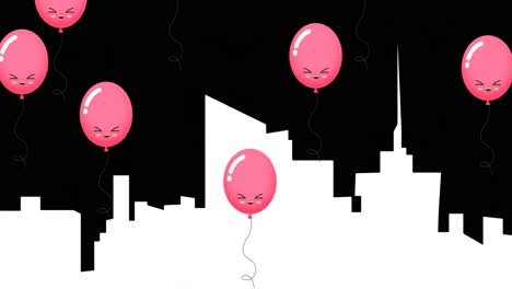 Digital-animation-of-multiple-pink-balloons-floating-over-cityscape-in-background