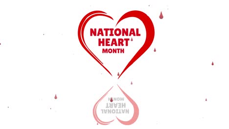Animation-of-national-heart-month-text-over-heart-and-blood-drops-on-white-background