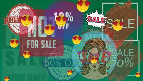 Animation-of-emojis-with-red-hearts-and-sale-text-over-green-background
