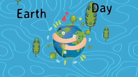 Animation-of-earth-day-text-over-arms-wrapped-around-globe-and-trees-on-blue-background