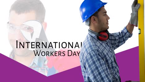 Animation-of-caucasian-male-worker-with-spanner-and-level-over-international-workers-day-text