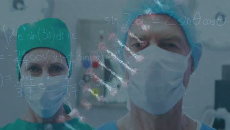 Animation-of-dna-strand-and-data-processing-over-caucasian-surgeons-with-face-masks