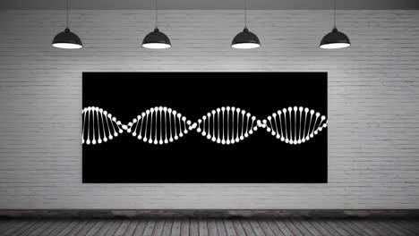 Video-Des-Sich-Drehenden-DNA-Strangs-Mit-Kopierraum-Auf-Dem-Bildschirm-über-Einem-Backsteinmauerhintergrund