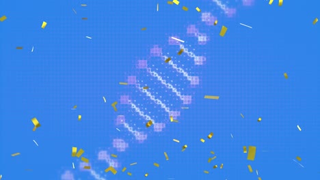 Animation-of-dna-strand-spinning-and-gold-confetti-on-blue-background