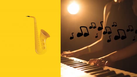 Animation-of-saxophone-and-notes-icons-over-biracial-woman-playing-keyboard