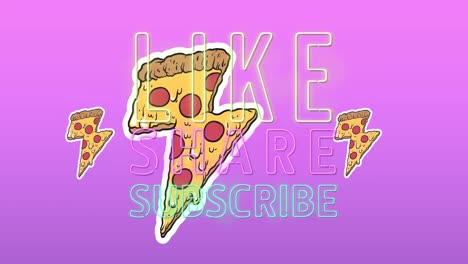 Mehrere-Pizzastück-Symbole-über-Neon-Wie-Teilen,-Abonnieren,-Neon-Textbanner-Vor-Violettem-Hintergrund