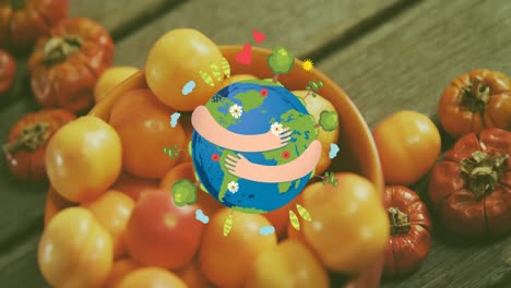 Animation-of-arms-wrapped-around-planet-earth-over-fresh-tomatoes
