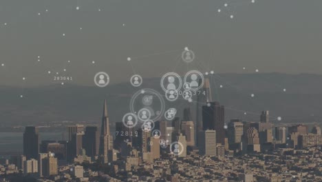 Animation-Eines-Netzwerks-Von-Verbindungen-Mit-Symbolen-über-Dem-Stadtbild
