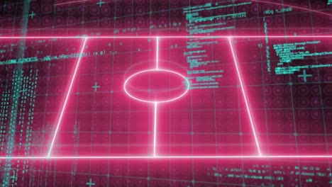 Animation-of-pink-neon-sports-field-and-data-processing